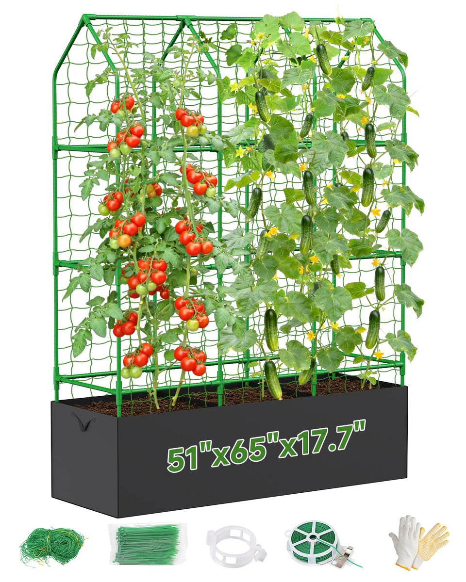 MQJIAZHI cucumber trellis with grow bag supports climbing vines outdoors.