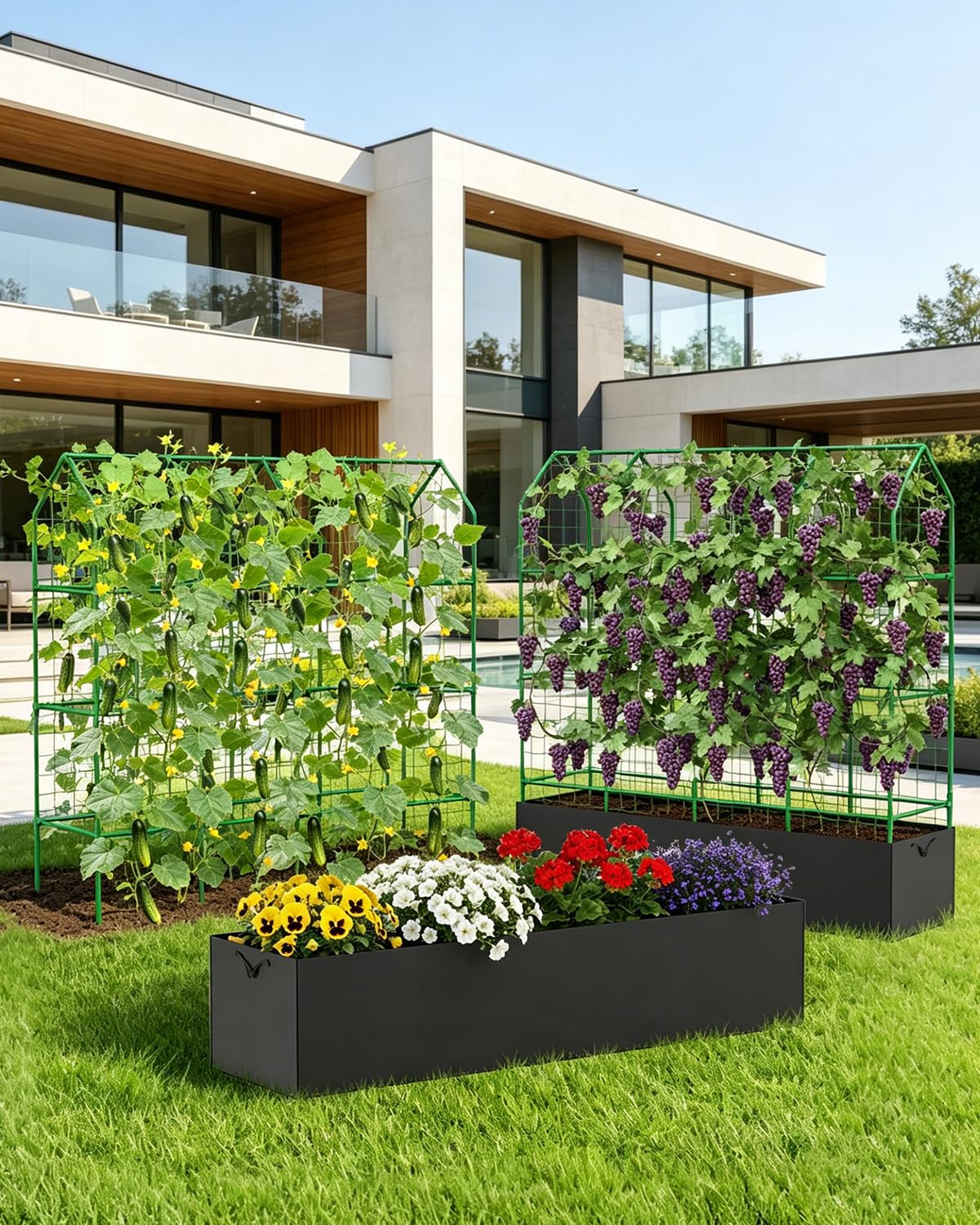 Outdoor garden setup suitable for cucumbers, tomatoes, beans, and more.