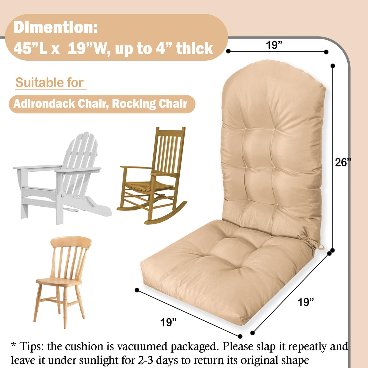 MQK Adirondack cushion demonstrates fluffing and sun-drying care.