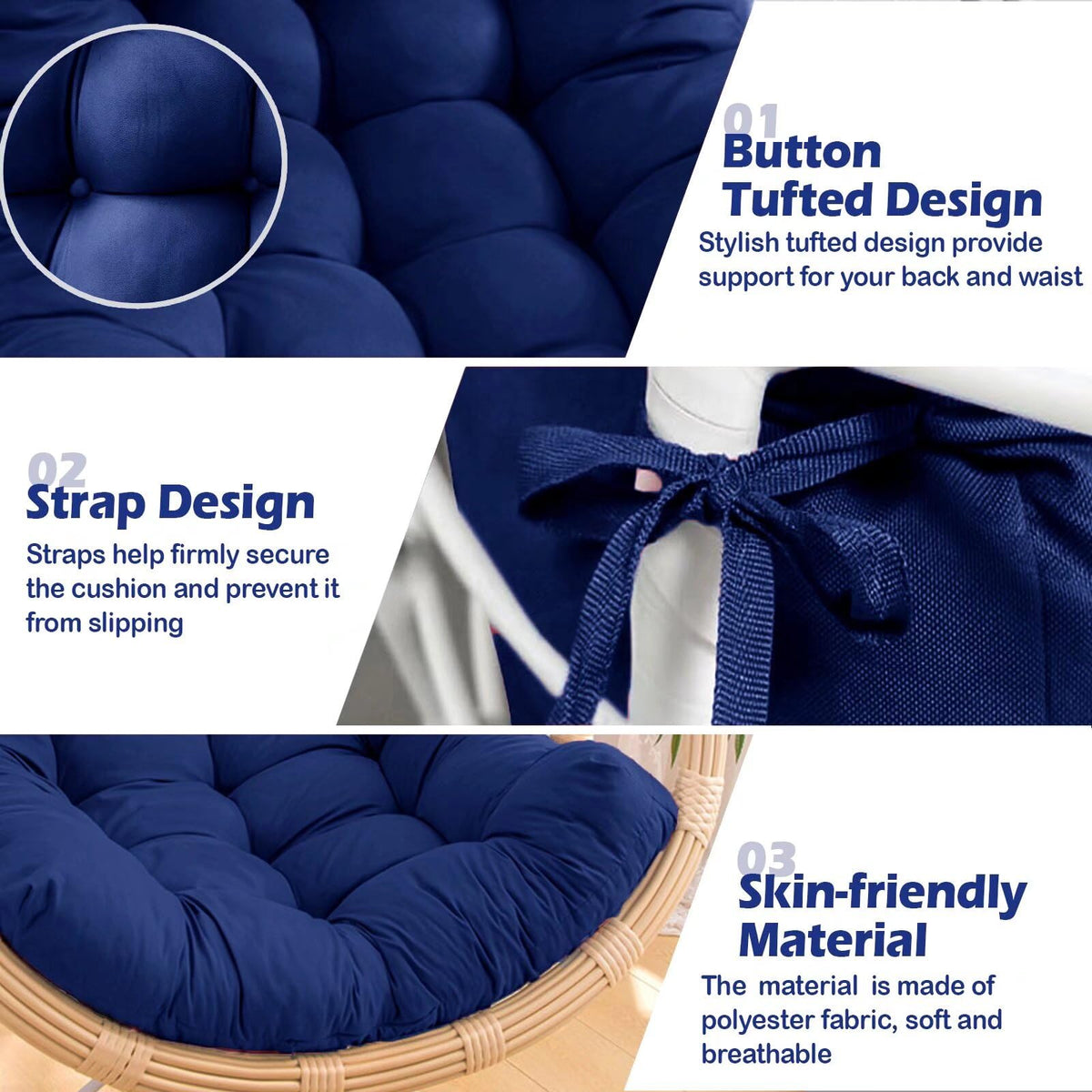 MQK cushion with durable straps helps prevent slipping on egg chairs.