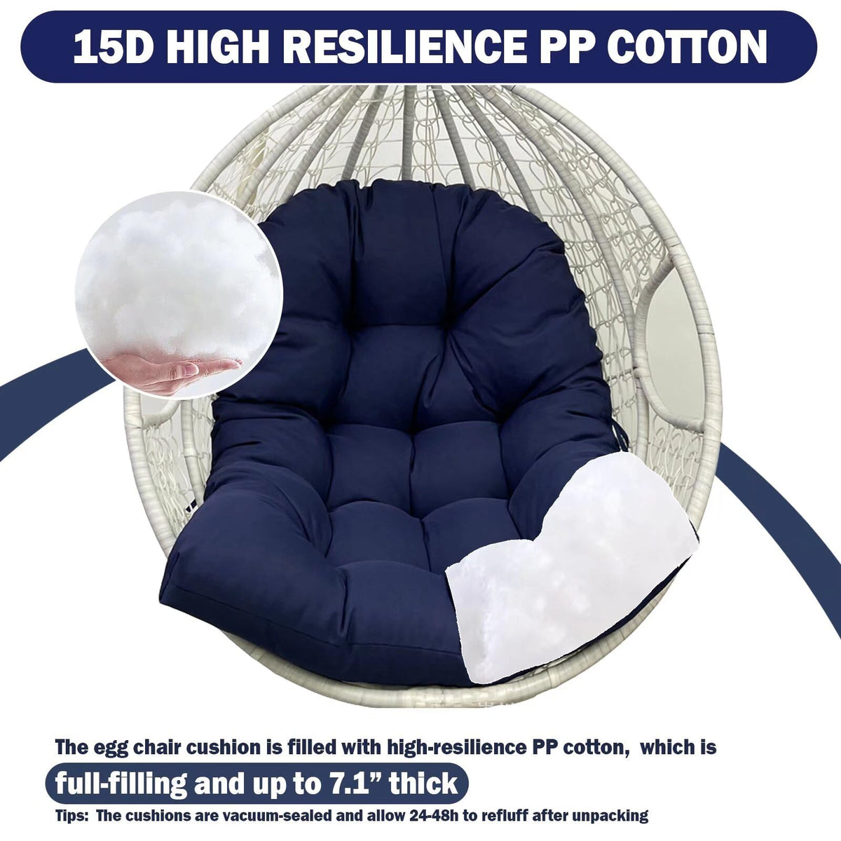 MQK fits many egg chairs up to 48x32 inches and 7 inches thick.