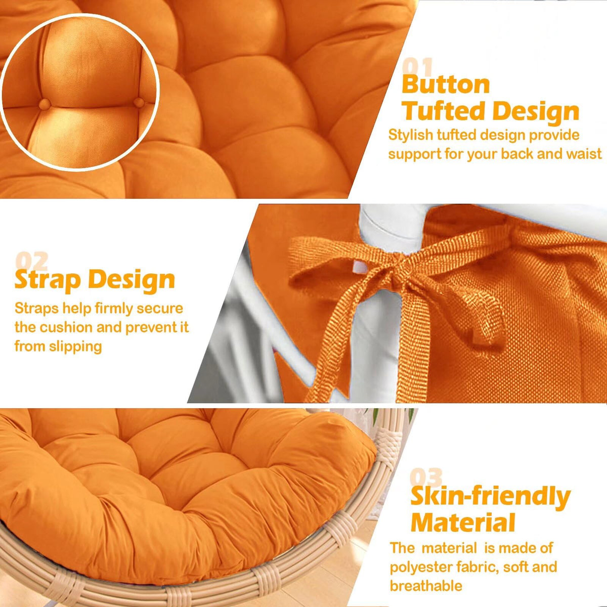 MQK cushion measures 48x32x7 inches for versatile egg chair fit