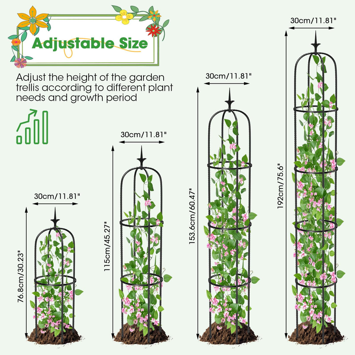 MQUPIN adjustable-height trellis adapts to plant height in pots or beds.