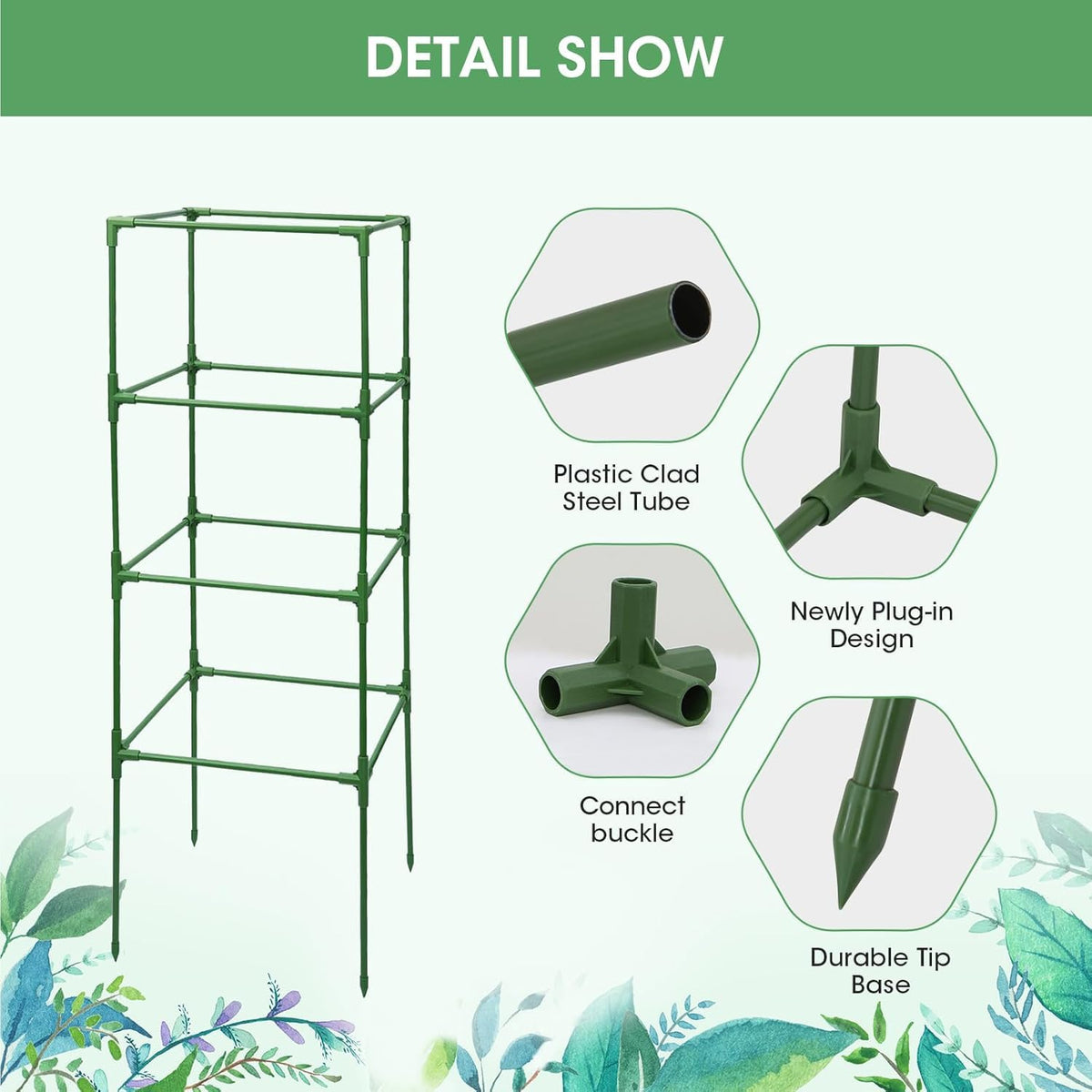 MQUPIN trellis bottom tip design inserts easily into soil without harming roots.