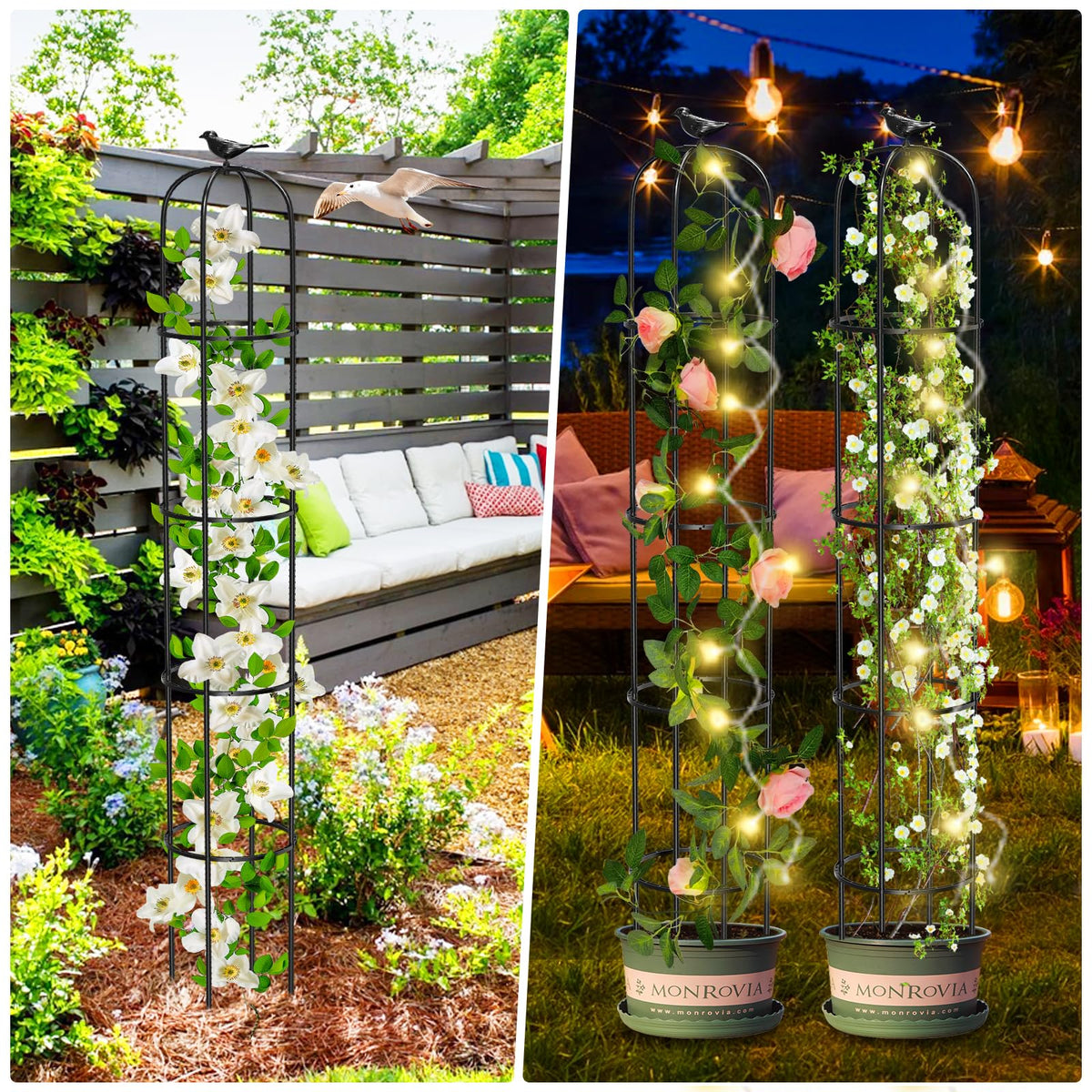 MQUPIN garden focal point trellis elevates flowering vines like clematis.