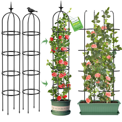 MQUPIN Tower Obelisk Garden Trellis supports climbing vines outdoors.