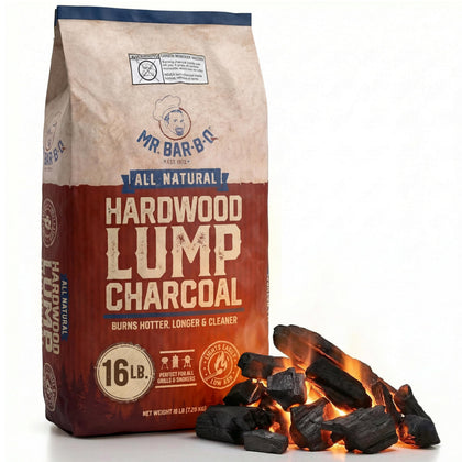 Mr. Bar-B-Q 16 lb hardwood lump charcoal bag ready for grilling with natural heat.