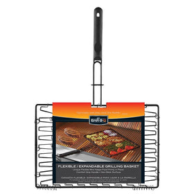Mr. Bar-B-Q Deluxe basket with folding handle for compact storage and versatile grilling.