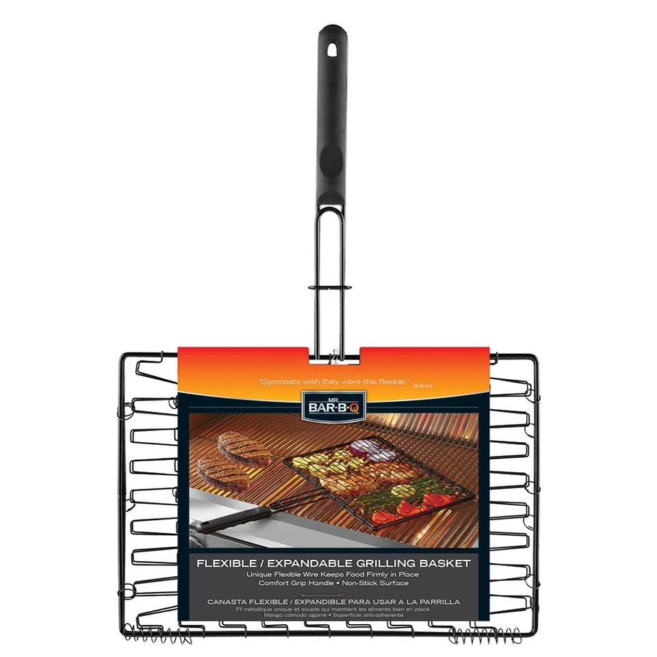 Mr. Bar-B-Q Deluxe basket with folding handle for compact storage and versatile grilling.