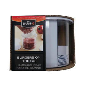 Mr. Bar-B-Q hamburger press assembly demonstrates patty shaping for batch prep and storage.