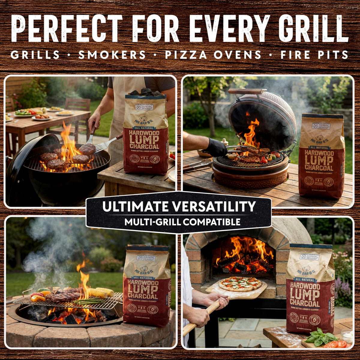 Mr. Bar-B-Q lump charcoal produces low ash for easier cleanup.