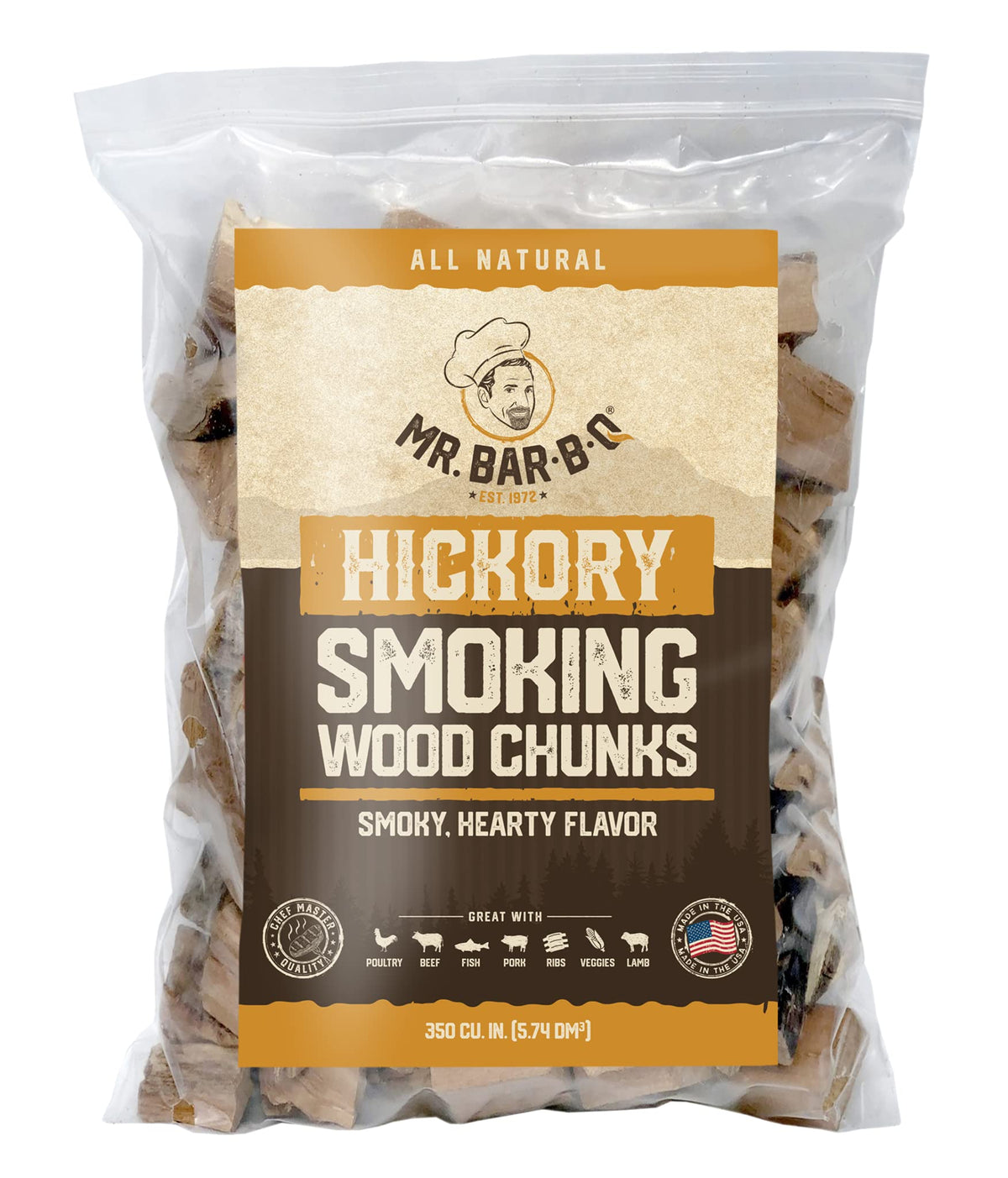 Mr. Bar-B-Q Hickory chunks bag front, ready for bold smoke on any grill.