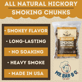 Mr. Bar-B-Q Hickory chunks bag packaging, all-natural fuel for rich barbecue aroma.