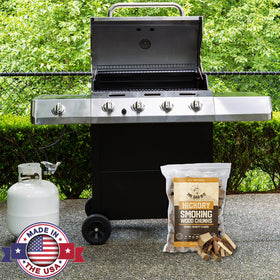 Mr. Bar-B-Q Hickory chunks on grill deliver extended, steady smoke for juicy bites.