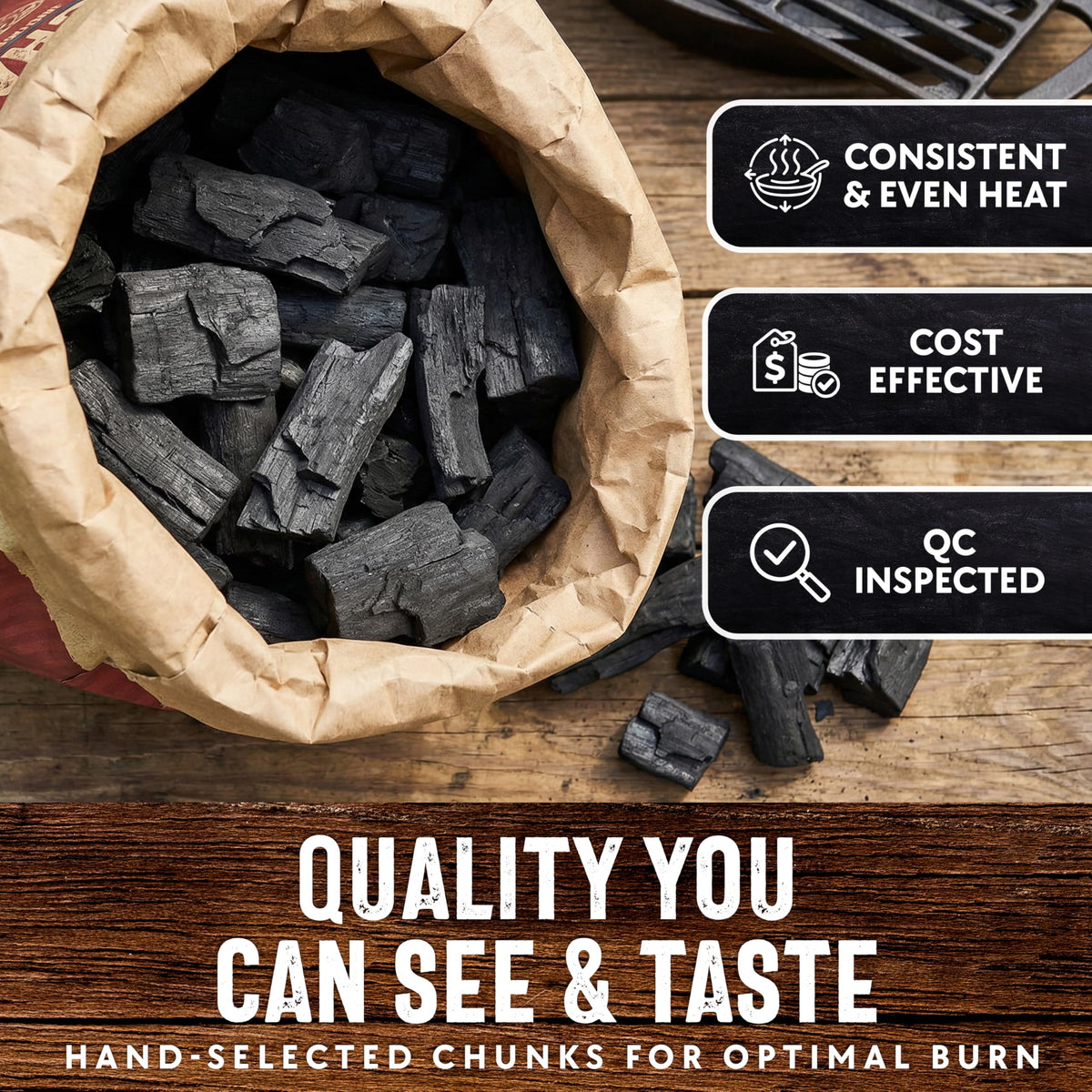 Mr. Bar-B-Q hardwood lump charcoal provides long burn time for extended sessions.