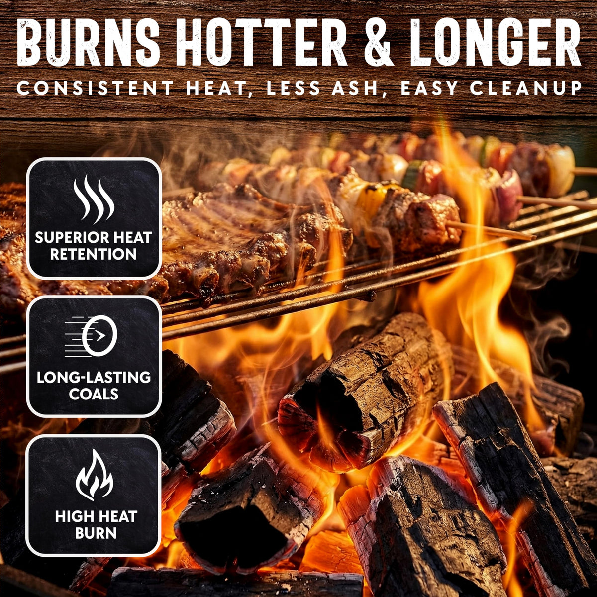 Mr. Bar-B-Q lump charcoal burning evenly for consistent cooks.