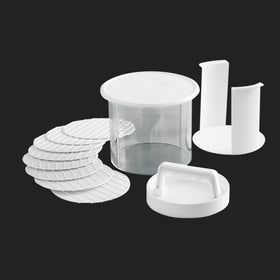 Mr. Bar-B-Q press lid storage container keeps patties organized in the fridge.