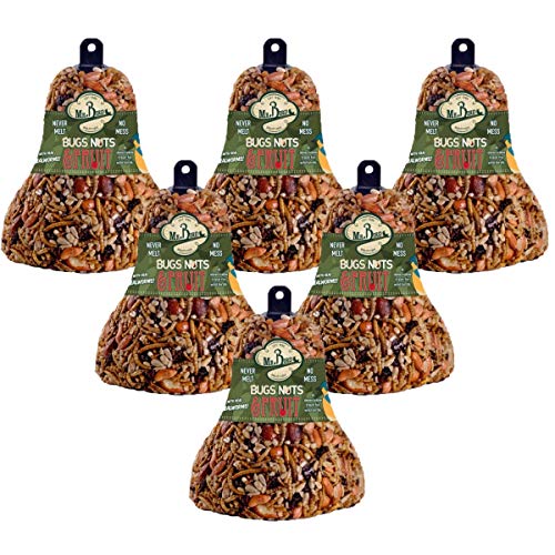 Mr. Bird 6-Pack seed bell with mixed mealworms and fruit, attracting diverse wild birds.