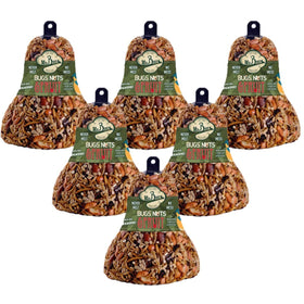 Mr. Bird seed bell close-up showing mealworms, pecans, and dried fruit for birds.