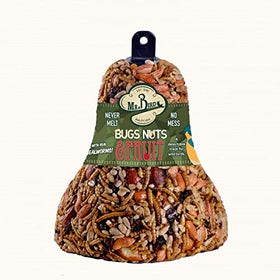 Mr. Bird seed bell hanging in a backyard setup ready to feed.