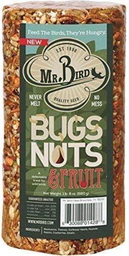 Mr Bird Bugs Nuts and Fruit seed cylinder on a feeder attracts diverse backyard birds.