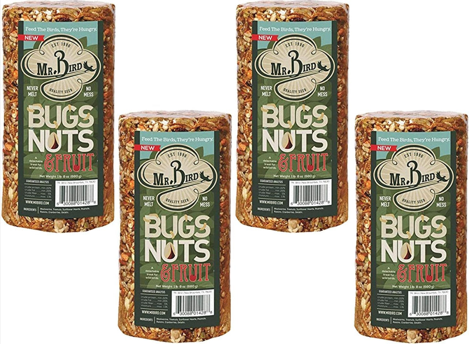 Mr Bird Bugs Nuts and Fruit seed cylinder packaging showcases a convenient 24 oz bundle for storage.