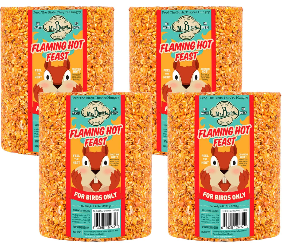 Mr. Bird Flaming Hot Feast packaging image highlights year-round feeding and long-lasting seed cylinders