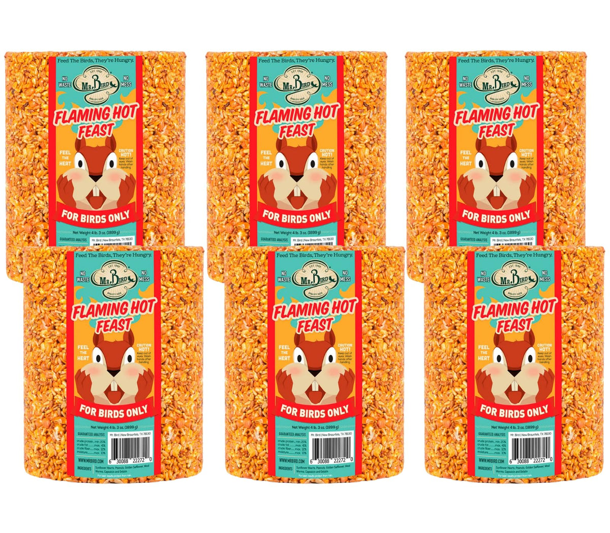 Mr. Bird Flaming Hot Feast seed cylinder image; attracts a wide variety of backyard birds year-round