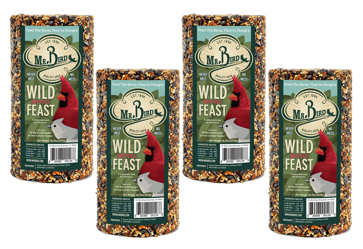 Mr. Bird Wild Bird Feast Cylinder closeup highlights nut-and-seed mix for diverse backyard birds