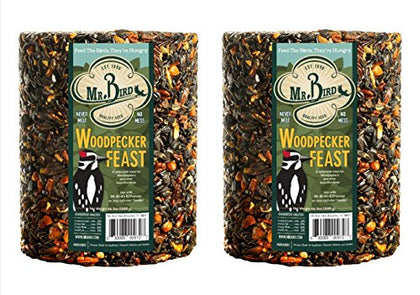 Mr. Bird Woodpecker Feast cylinder at feeder attracts woodpeckers with protein-rich mix