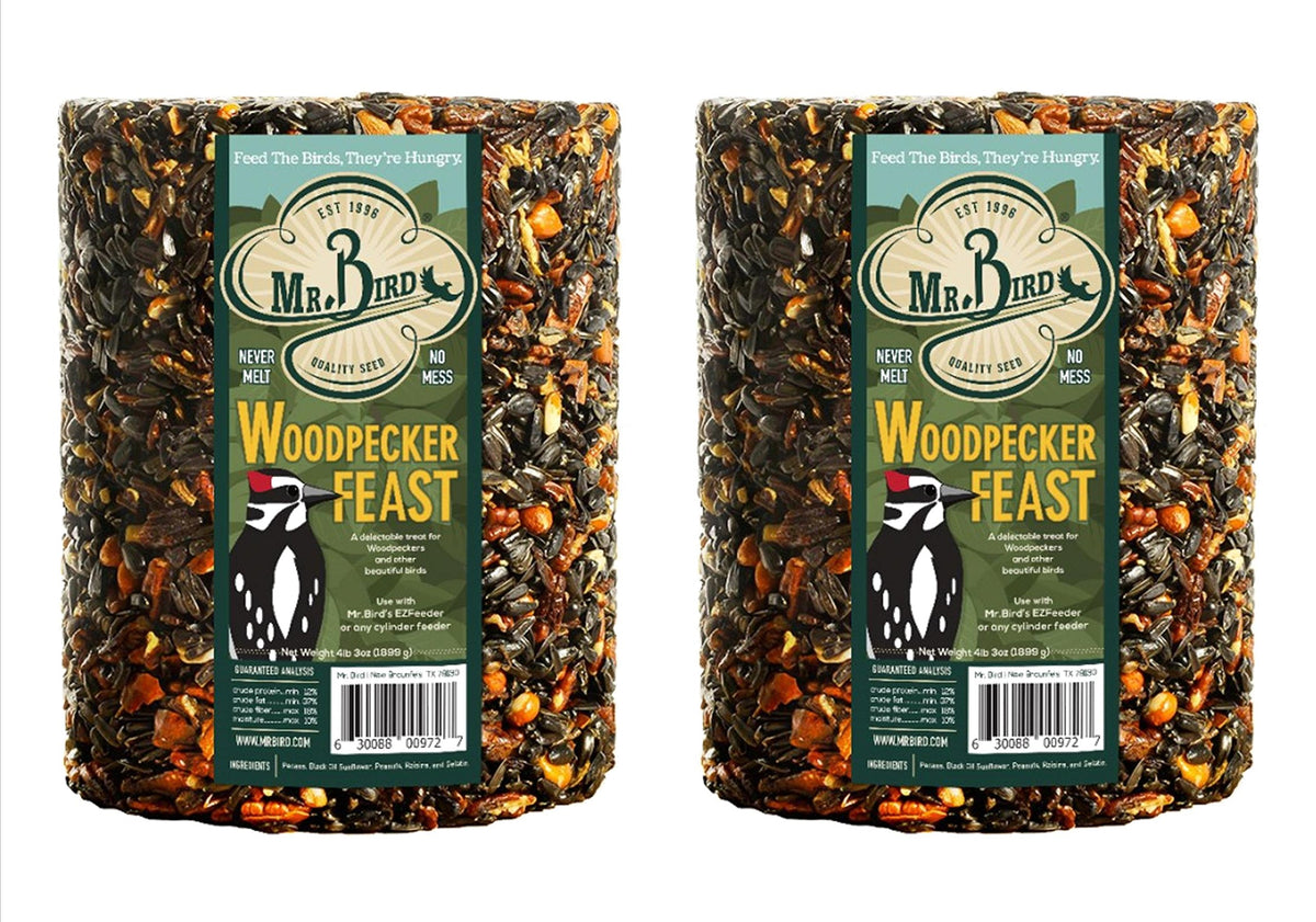 Mr. Bird Woodpecker Feast cylinder two-pack on display highlighting freshness and storage