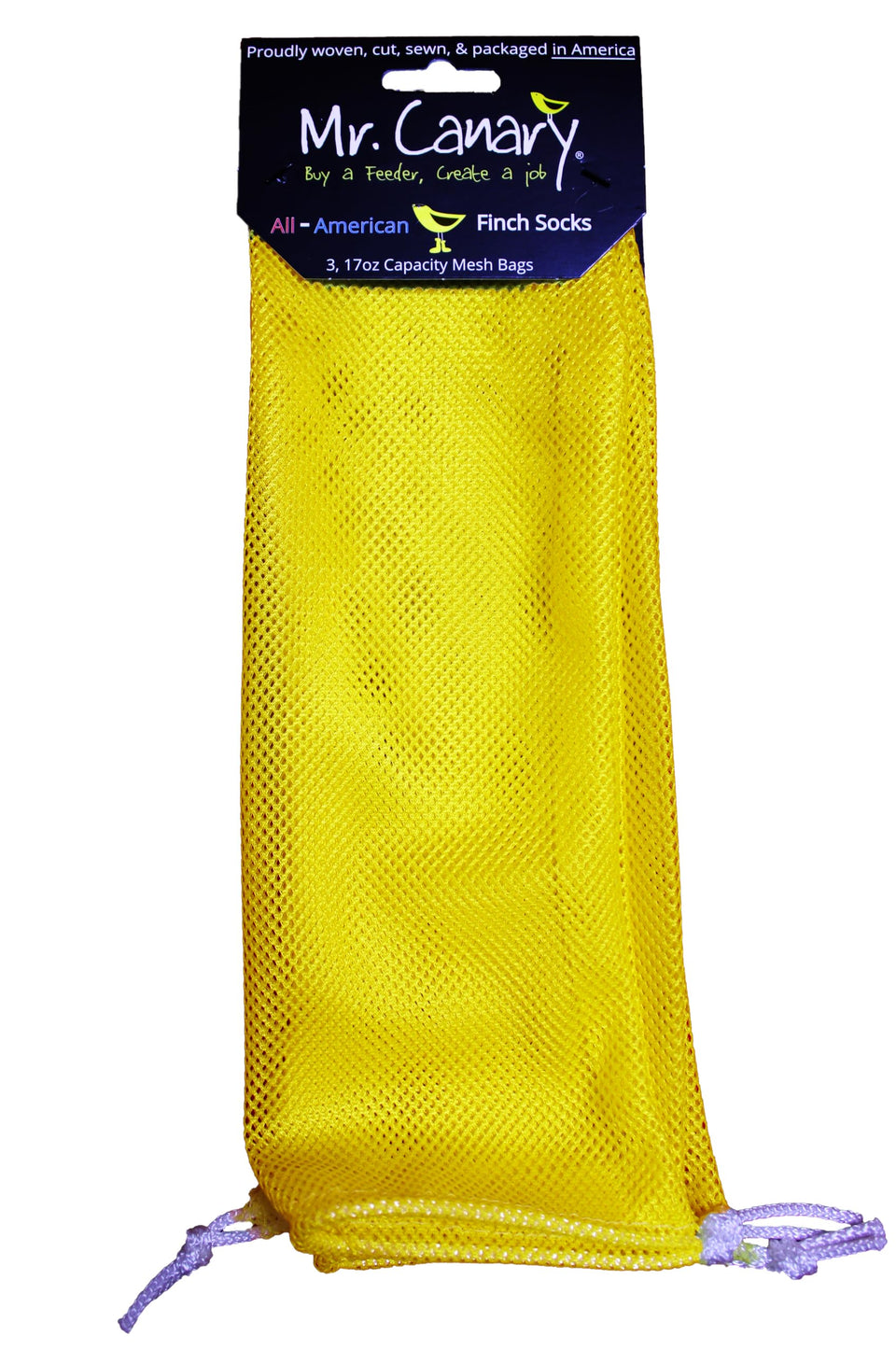 Mr. Canary All-American Finch Socks ready-to-fill bag set showcases American-made craftsmanship for easy backyard feeding.