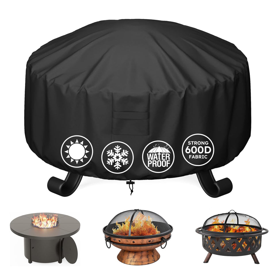 MR. COVER 36-inch round fire pit cover, front view showing secure fit