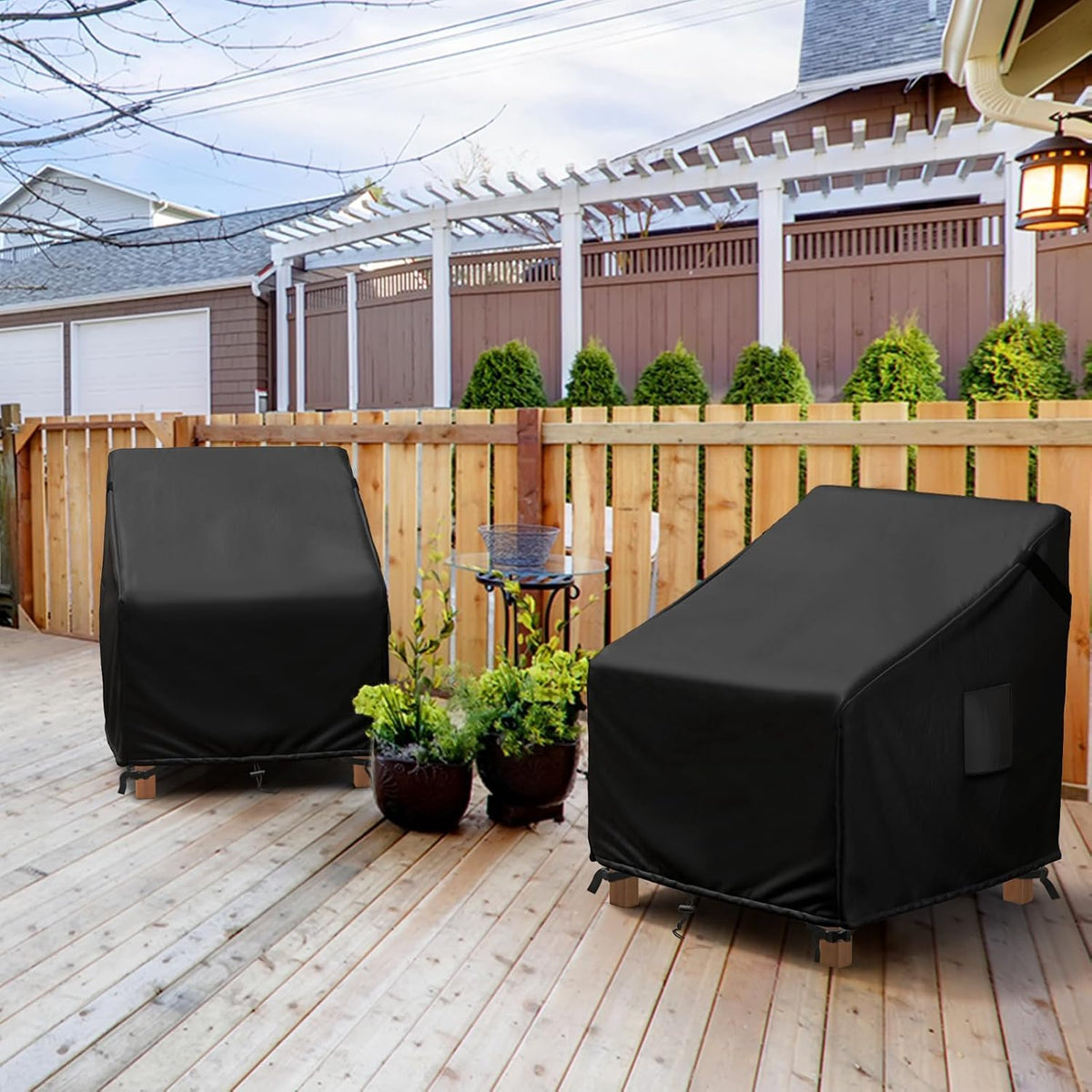 MR. COVER patio chair cover with windproof straps staying secure.