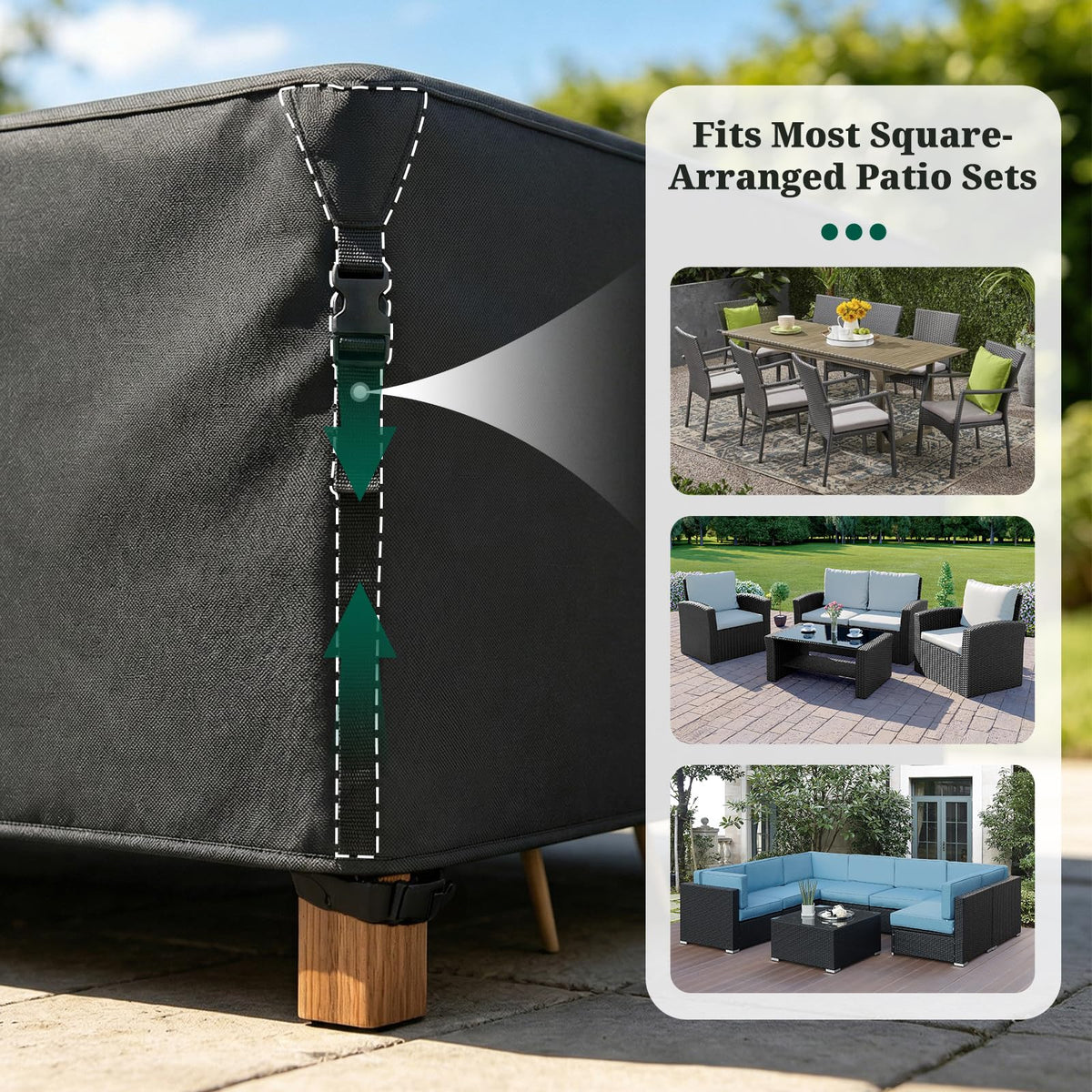 MR. COVER stretch straps enable flexible fit for various chair configurations.