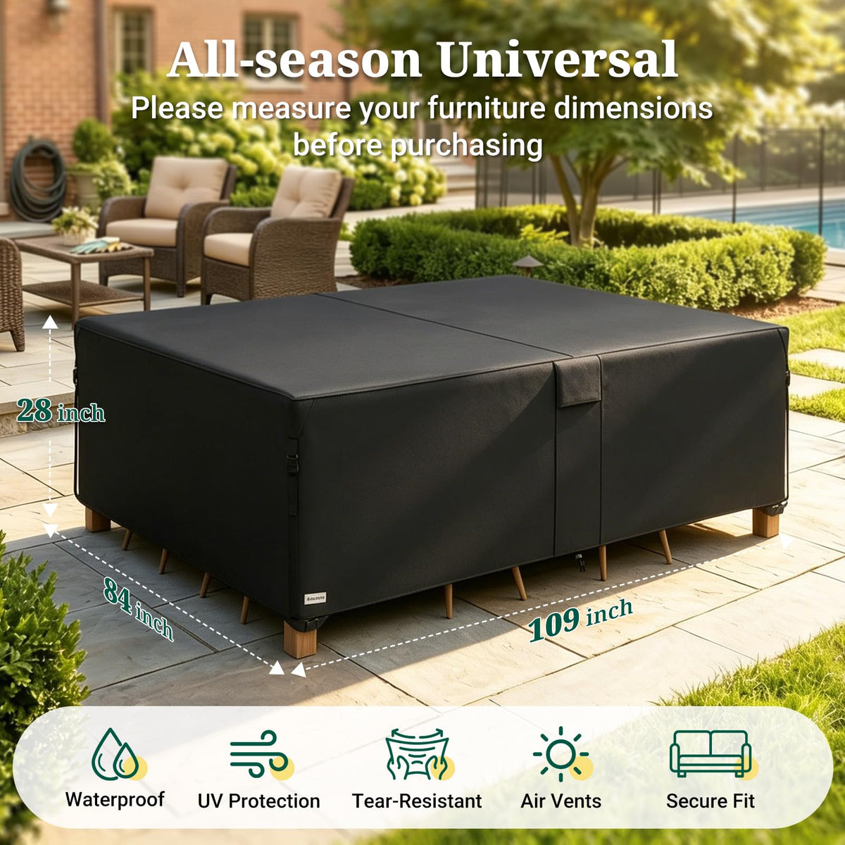MR. COVER waterproof outdoor cover protecting a dining table and chairs.