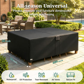 MR. COVER waterproof outdoor cover protecting a dining table and chairs.