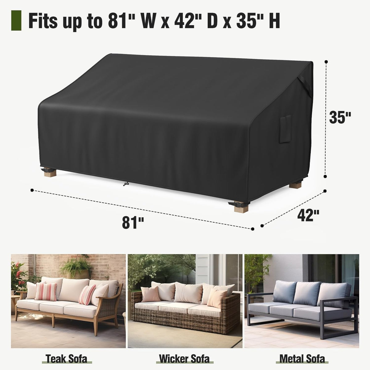 MR. COVER waterproof patio sofa cover protecting against rain and dirt on a sunny day