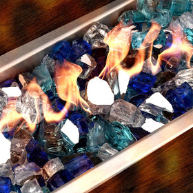 Mr. Fireglass cobalt blue glass adds rich color to outdoor fireplace setup