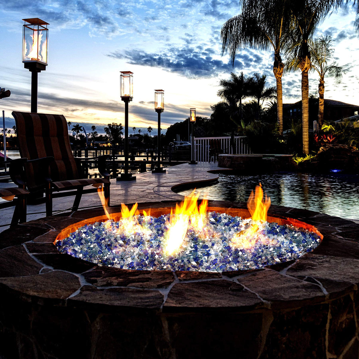 Mr. Fireglass reflective backed glass shows daytime luster and night glow