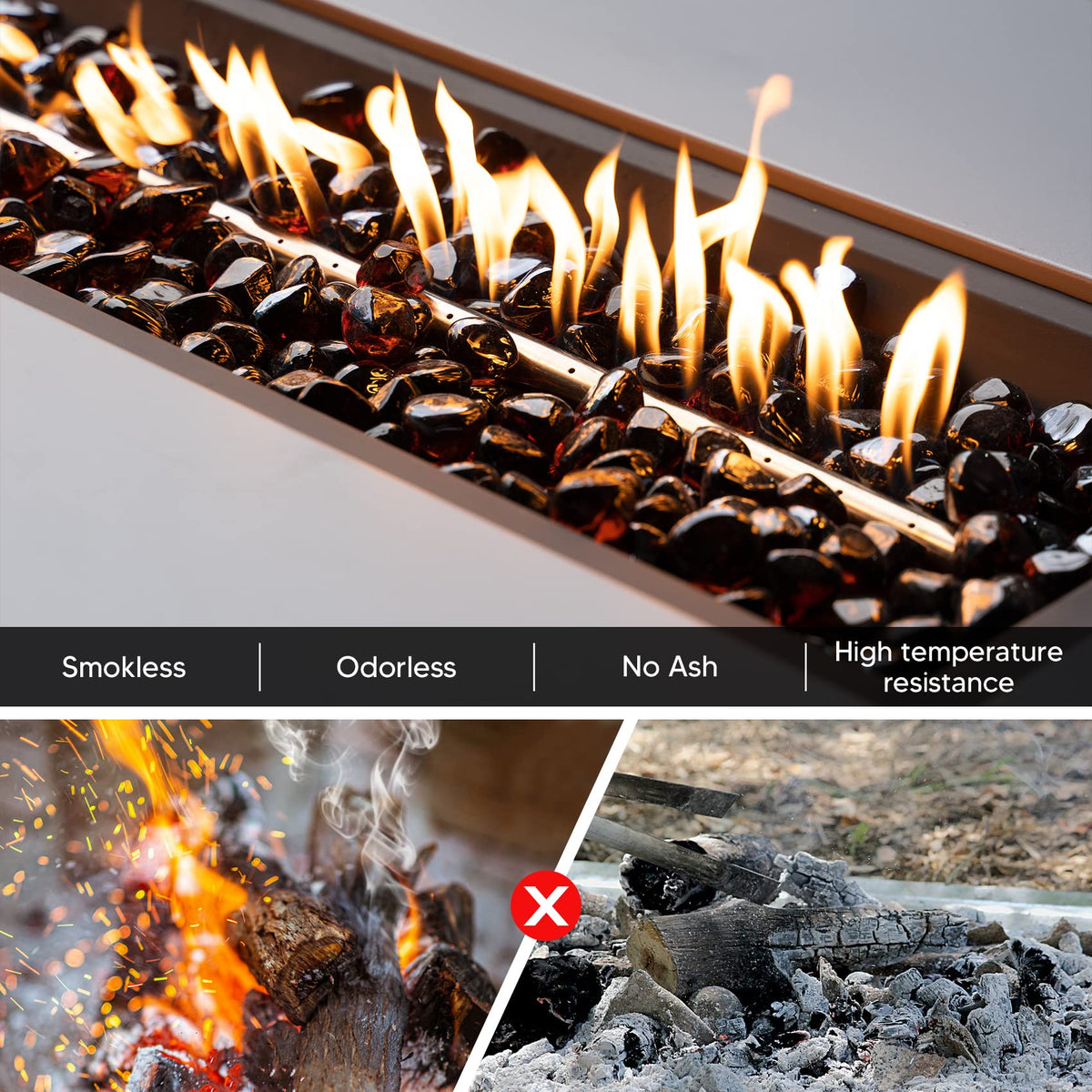 Mr. Fireglass amber fire glass 1in in the pit glows warmly