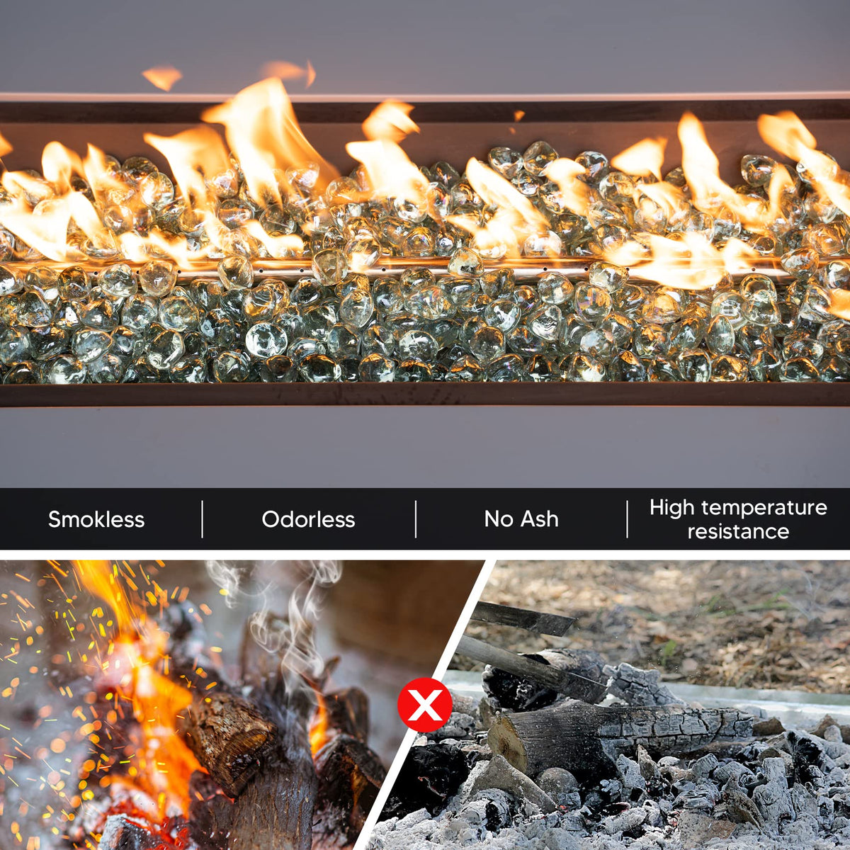 Mr. Fireglass fire-pit glass closeup showcases radiant facets reflecting flames.