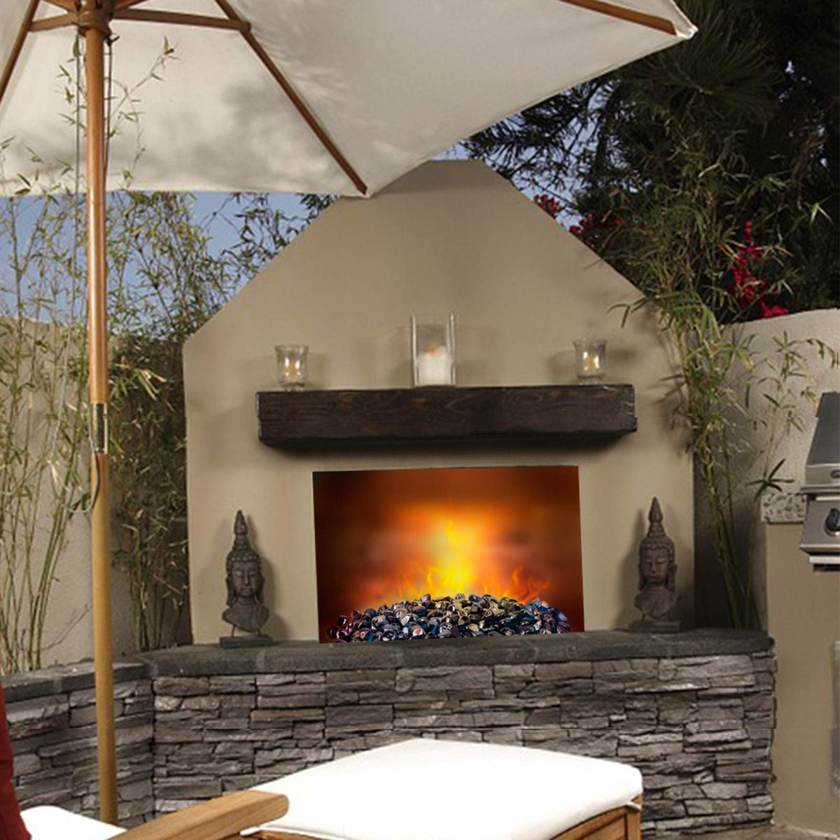 Mr. Fireglass landscape accents reflect sun and flames for endless styling