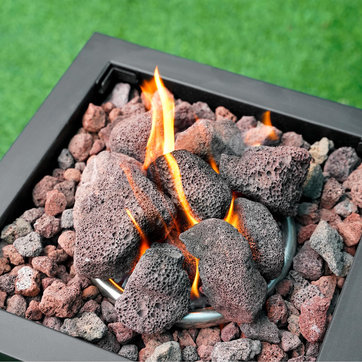 Mr. Fireglass lava rock granules on a fire table boost glow and focal interest