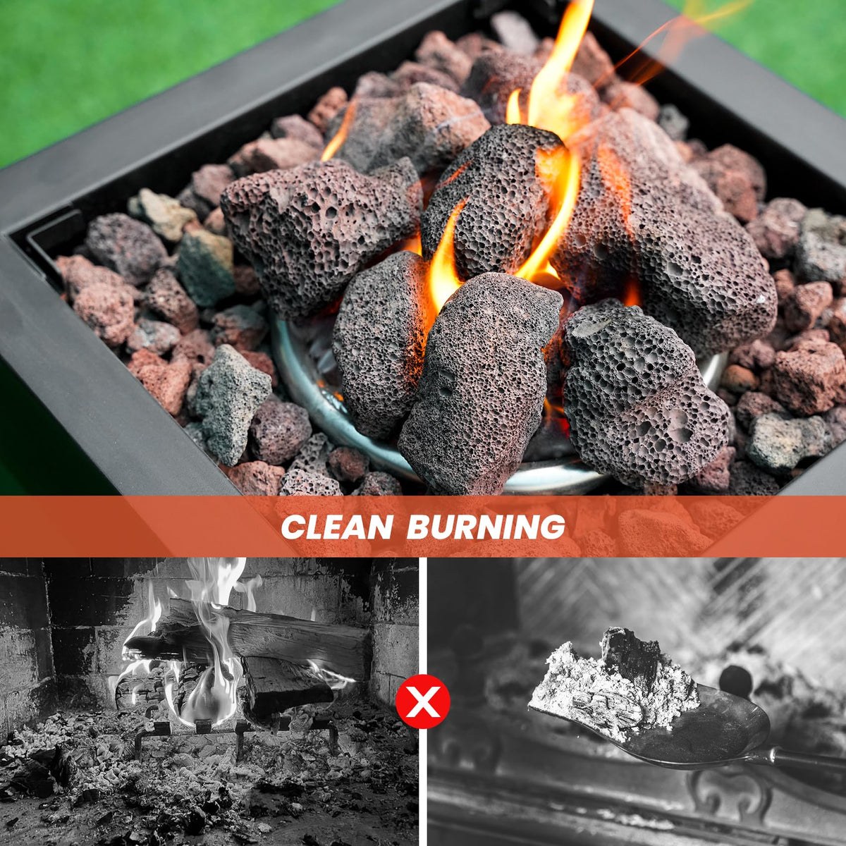 Mr. Fireglass lava rock granules with gas logs deliver clean burning aesthetics
