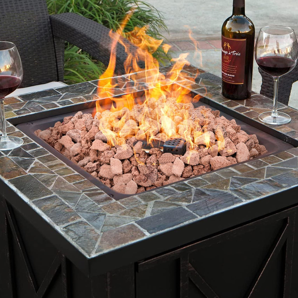 Mr. Fireglass lava rock landscaping adds texture and depth to garden beds