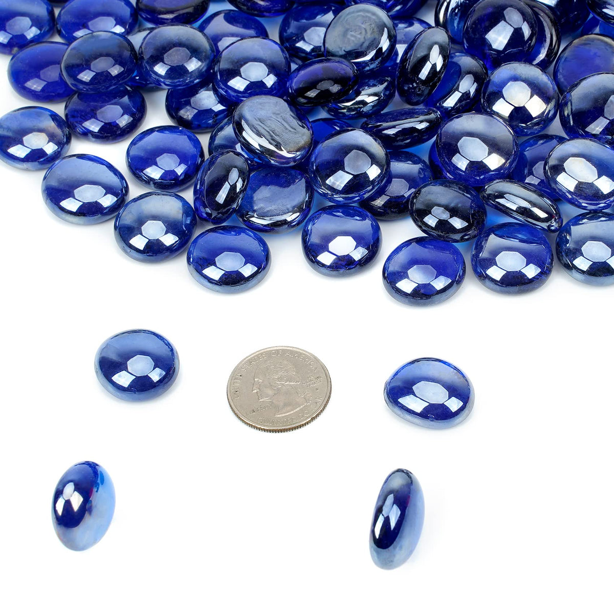 Mr. Fireglass royal cobalt blue glass drops glow when heated, enhancing outdoor fire pits.