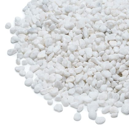 Mr. Fireglass white pebbles 1/5-inch close-up for elegant indoor plant decor.