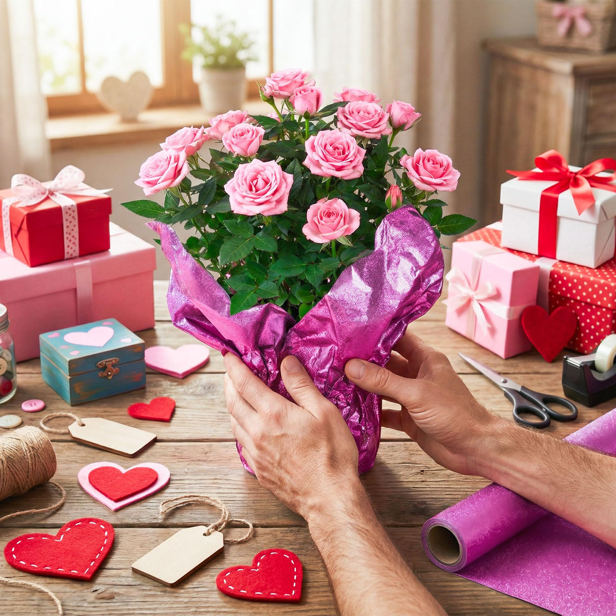 MR FIVE pink foil wrap boosts holiday displays with quick pattern customization.