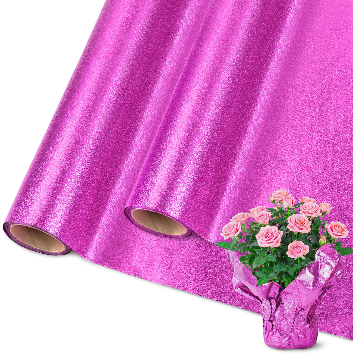 MR FIVE pink floral foil wrap outside view enhances festive decor for a potted plant.